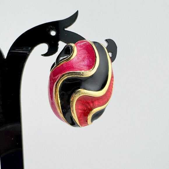 Vintage Red Black Enamel Clip-On Earrings – Retro 80s Gold Swirl Statement - Picture 6 of 9